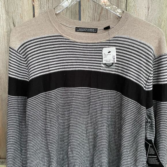 Saks Fifth Avenue Sweater Extra Fine Merino Wool Italy Striped Large NWT Preppy - Picture 3 of 11
